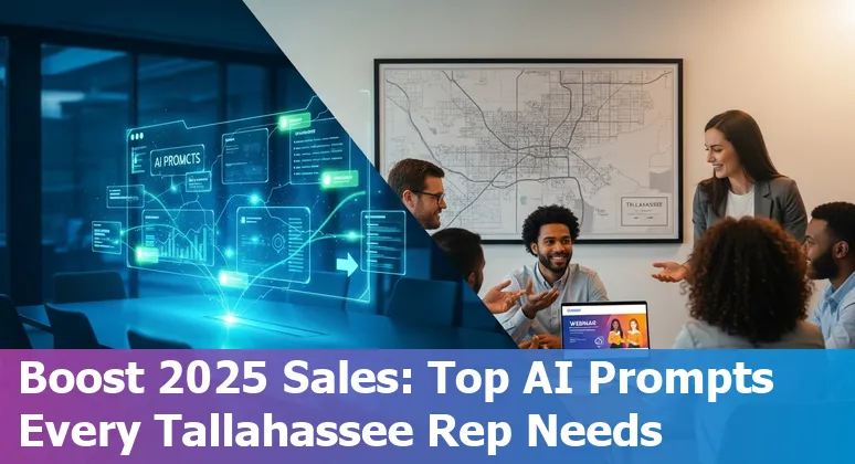 Sales professional using AI prompts on a laptop with Tallahassee skyline and Florida State University landmarks in the background.