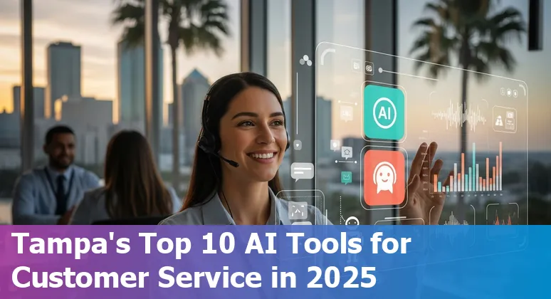 Collage of AI customer service tools logos over a Tampa skyline background