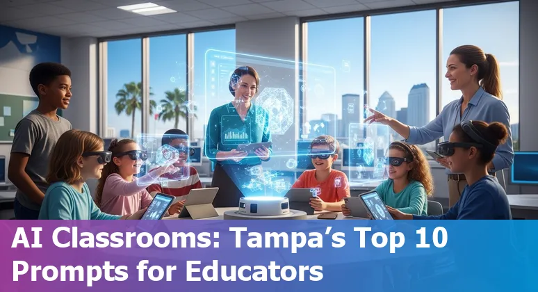 Teacher using AI tools in a Tampa classroom with students and laptop, showing adaptive learning dashboards.