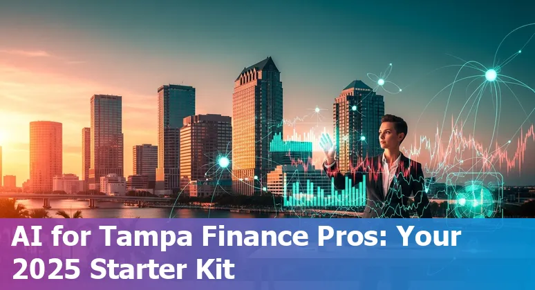 Finance professional using AI tools on a laptop with Tampa, Florida skyline in the background, 2025.