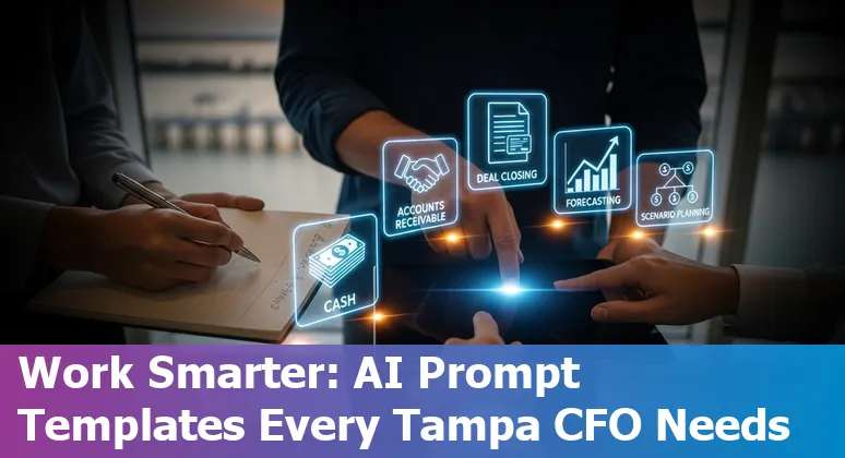 Finance professional in Tampa reviewing AI-generated cash runway, AR aging, and forecast charts on a laptop