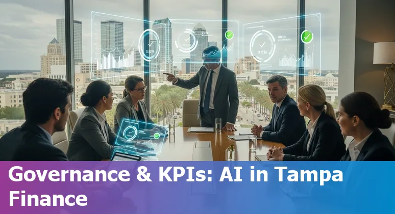 Illustration of Tampa skyline with fintech AI icons — fraud detection, chatbots, underwriting, and biometrics.
