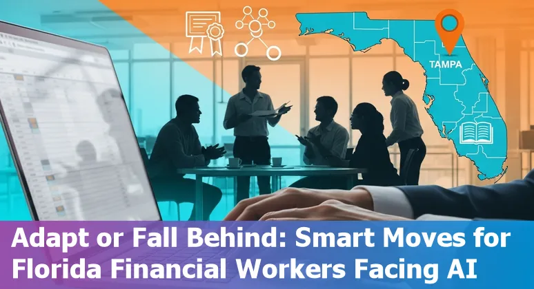 Tampa skyline with financial district icons and AI gears illustrating jobs at risk and upskilling paths