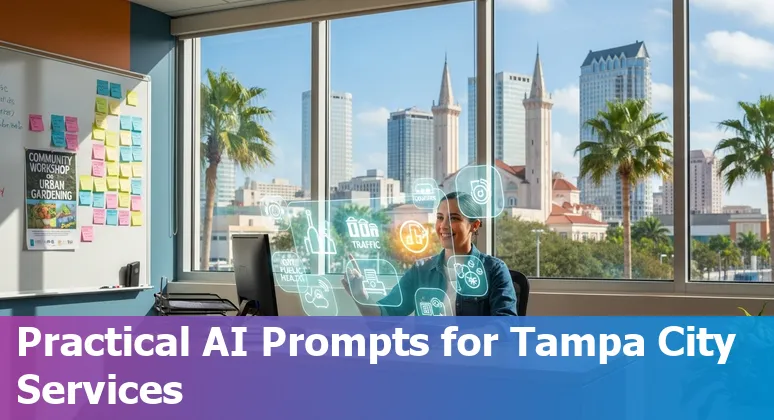 Illustration of Tampa city map overlaid with AI icons for traffic, public health, chatbots, and document scanning.