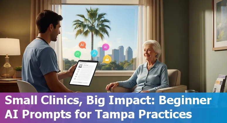 Healthcare worker using AI tools on a tablet in a Tampa clinic, skyline of Tampa in background