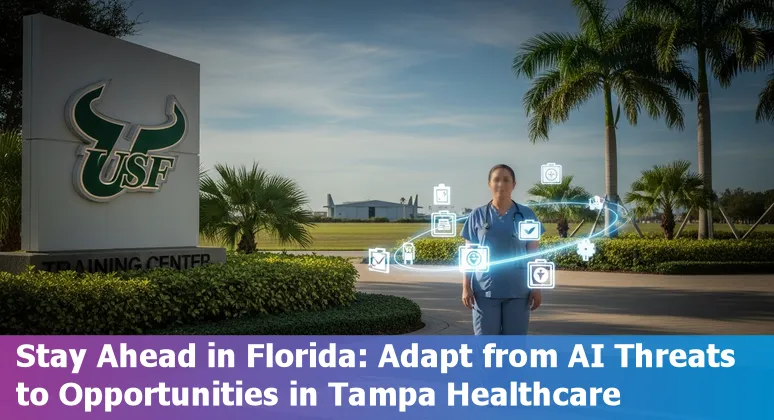 Healthcare worker using AI tools on a tablet with Tampa skyline in the background