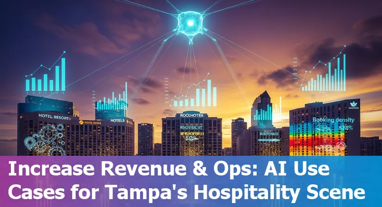Tampa hotel front desk with AI icons overlay showing chatbot, scheduling, and local map.