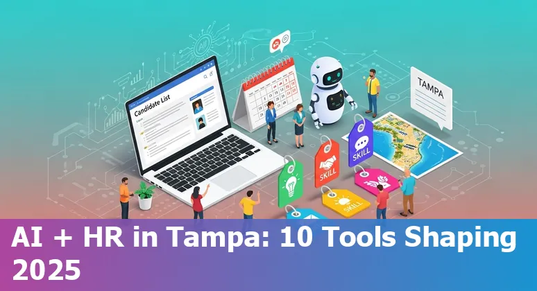 Collage of HR professionals using AI tools like Paradox, Eightfold, SeekOut and ChartHop on laptops and mobile devices in a Tampa office.