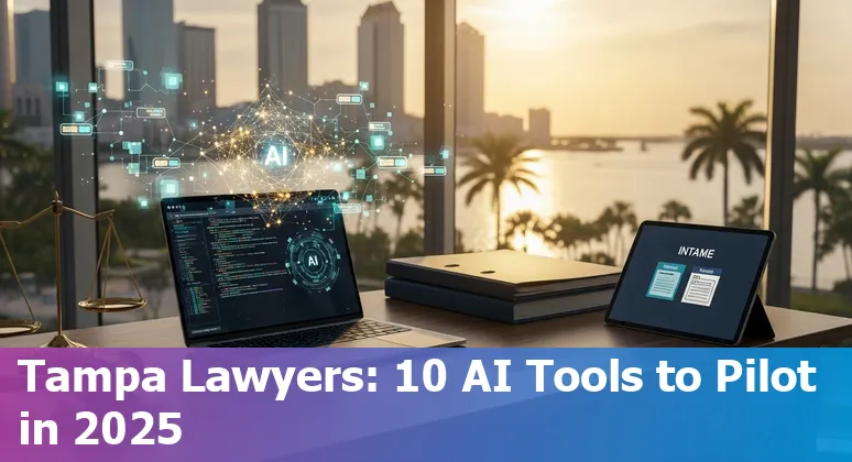 Group of AI tool logos with Tampa skyline and law books, representing legal AI tools for Tampa lawyers in 2025.