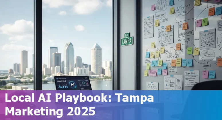 Marketing professional using AI tools with a Tampa, Florida skyline and Gasparilla festival imagery in background
