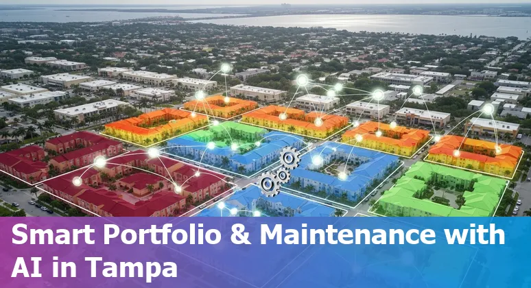 Agent using AI tools on a laptop with Tampa skyline and neighborhood thumbnails (Seminole Heights, Hyde Park) in the background.