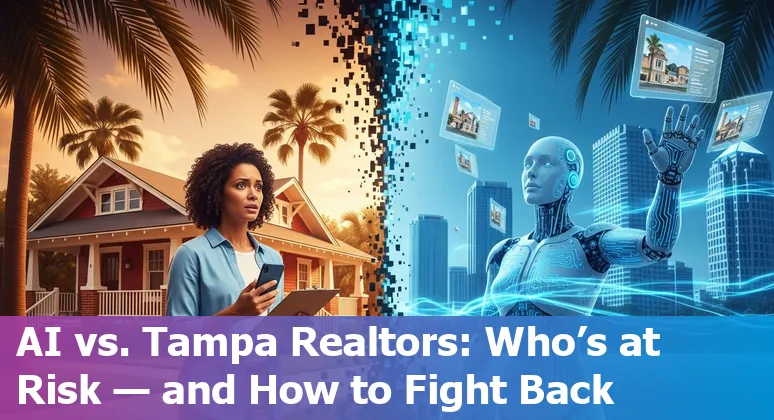 Tampa skyline with real estate icons and AI network overlay showing jobs at risk and adaptation paths.
