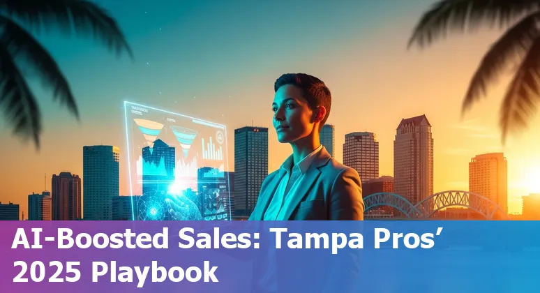 Sales professional using AI tools in Tampa, Florida, 2025 skyline in background