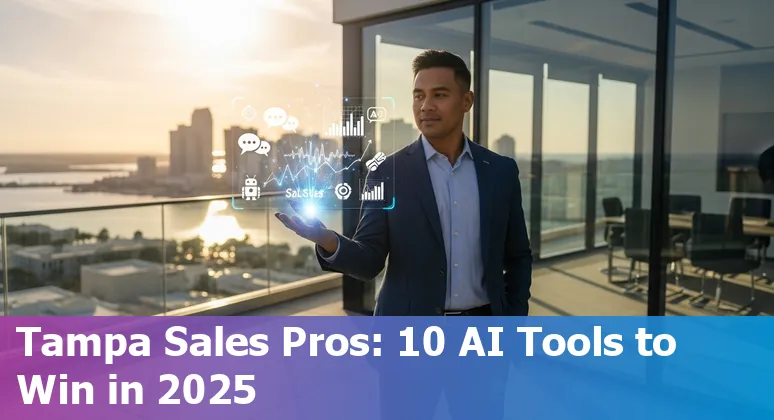 Sales professional using AI tools for prospecting and calls with Tampa skyline in background.