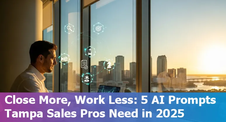 Sales professional in Tampa using AI on a laptop with city skyline, list of five AI prompt types visible on screen.
