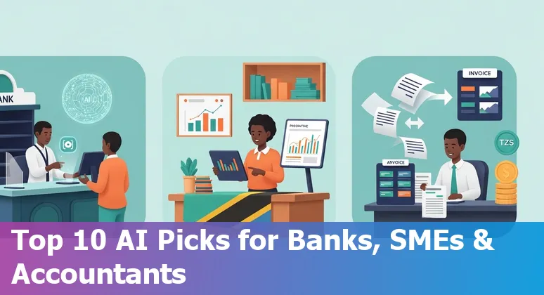 Illustration of Tanzanian finance professionals using AI tools like Arya.ai, Zest AI and Tipalti for forecasting, compliance and automation.