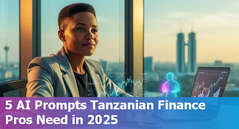Finance professional using AI prompts on a laptop showing cash flow, AR aging and FX exposure dashboards with Tanzanian shilling (TZS).