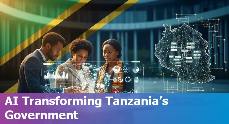 Tanzanian government officials with AI icons over Dar es Salaam skyline, illustrating national AI initiatives.