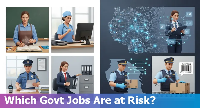 Tanzanian government worker at a computer with AI icons overlay and Dar es Salaam skyline in the background.