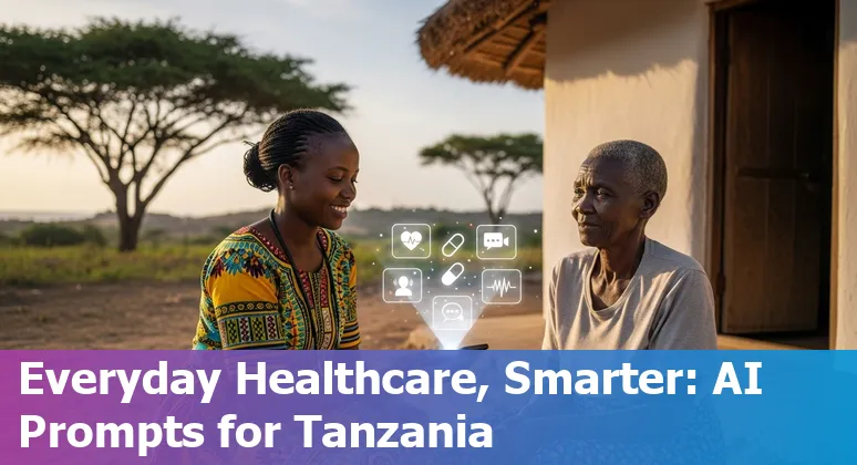 CHW in Tanzania using a mobile AI decision-support app with icons for telemedicine, diagnostics, and supply chain over a map of Tanzania.