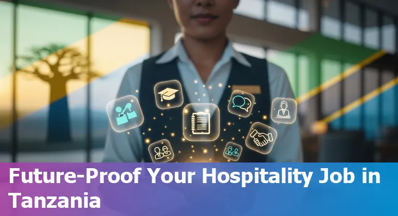 Hotel receptionist and housekeeping staff in Tanzania with digital AI interface overlay