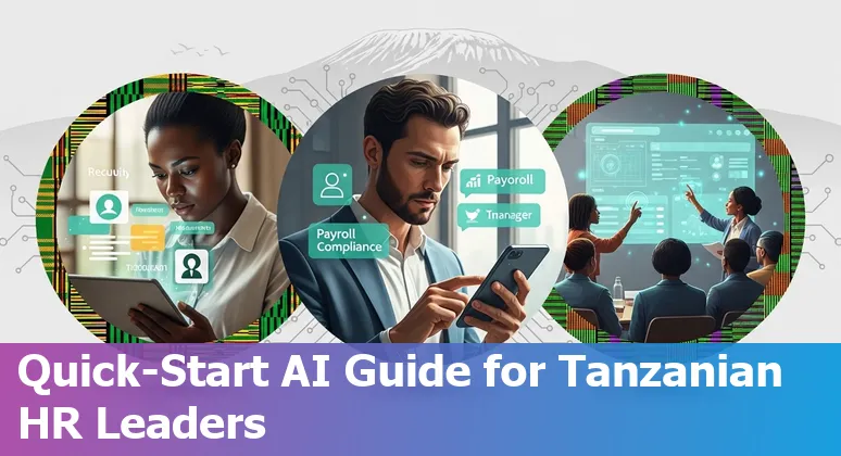 Tanzanian HR professionals using AI tools: chatbot, org chart, and dashboard on laptop