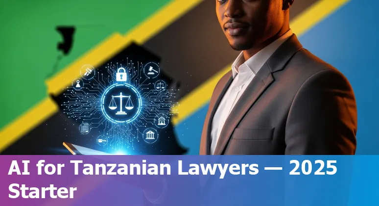 Legal professional using AI tools in an office in Tanzania, with Kiswahili legal texts visible