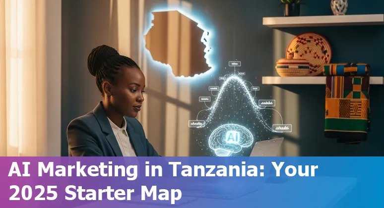Marketing professional using AI tools on a laptop with a Tanzanian flag nearby — AI marketing in Tanzania 2025