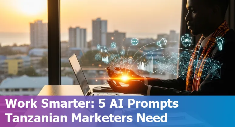 Tanzanian marketer using AI tools (ChatGPT, Canva, HubSpot, Perplexity, Make.com) on a laptop in an office