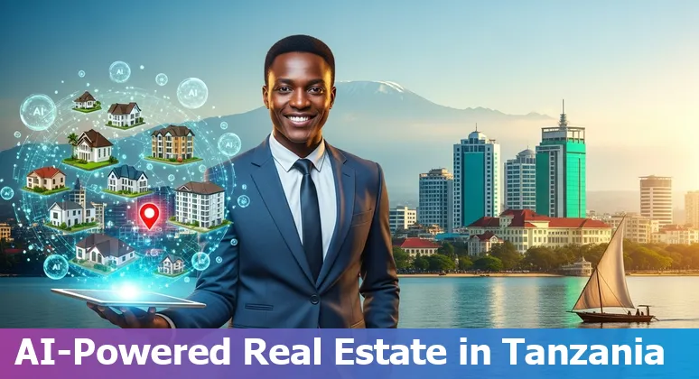 Tanzanian real estate agent using AI on a laptop with the Dar es Salaam skyline in the background