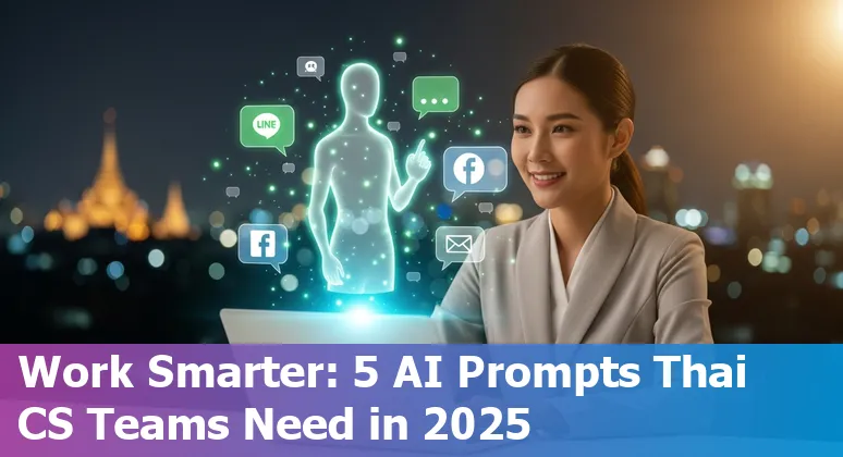 Thai customer service agent using AI prompts on a laptop with LINE and Facebook icons