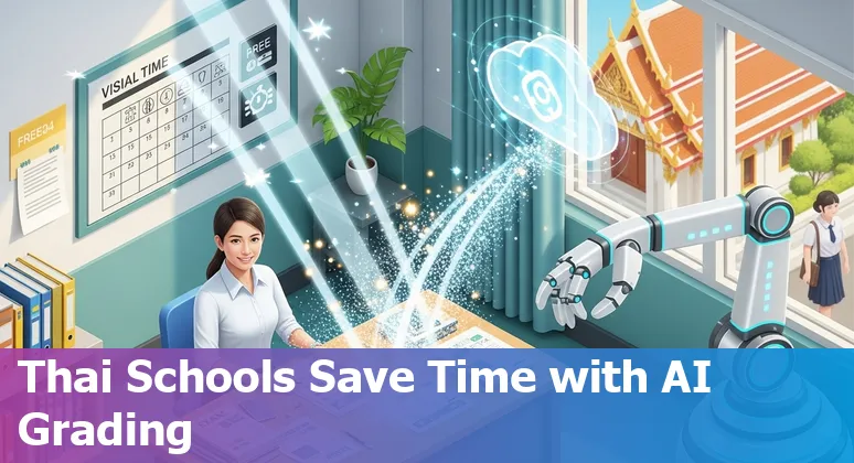 Thai classroom with AI dashboard showing automated grading and personalized learning in Thailand