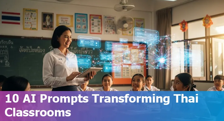 Thai teacher using AI tools with ThaiGPT on screen in a classroom