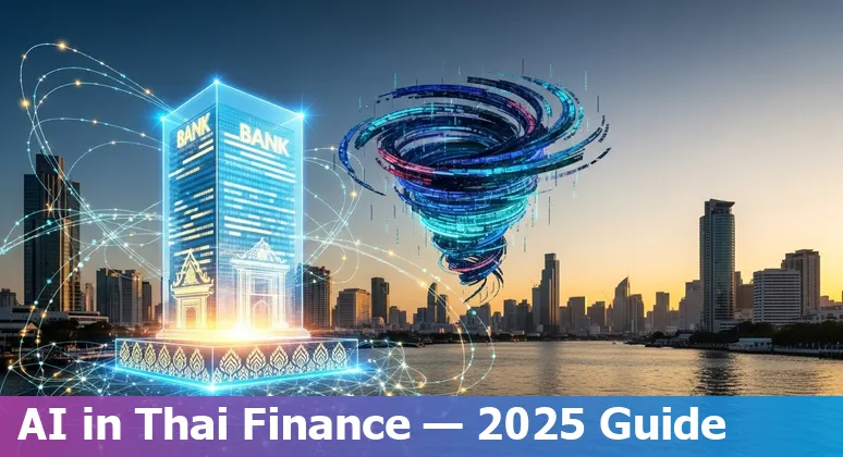 Illustration of AI applications in Thailand financial services 2025 showing banks, chatbots, Typhoon LLM and regulatory icons in Thailand