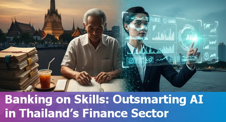 Thai bank employee reviewing an automation dashboard with AI icons and Thai flag colors