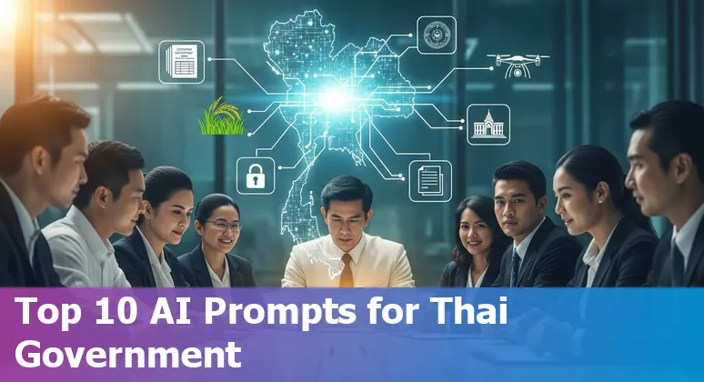 Infographic showing top 10 AI government use cases in Thailand with icons for DGA, Ricult, Khon Kaen, NECTEC and PDPA.
