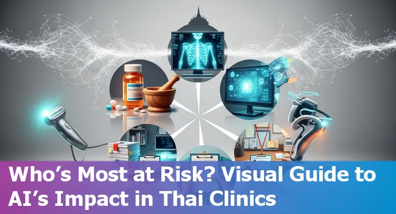 Thai healthcare workers (receptionist, radiology tech, lab technician, nurse, ambulance dispatcher) with AI overlay icons