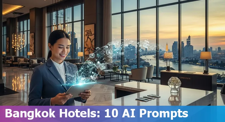 Hotel staff using AI dashboard with Bangkok skyline in the background