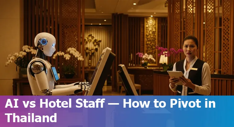 Hotel front desk staff using a tablet with AI icons, representing hospitality jobs adapting to AI in Thailand