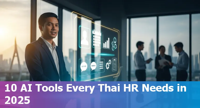 Collage of logos for Paradox, Eightfold AI, SeekOut, HireVue, Leena AI, Lattice, Gloat, ChartHop, TeamSense Employee Assistant and iSmartRecruit over a map of Thailand