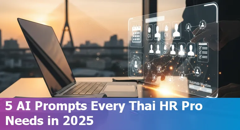 Thai HR professional using AI prompts on a laptop for onboarding and benefits communication