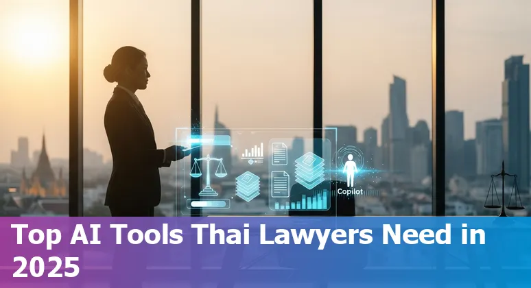 Thai lawyer using AI tools on laptop with Bangkok skyline in background