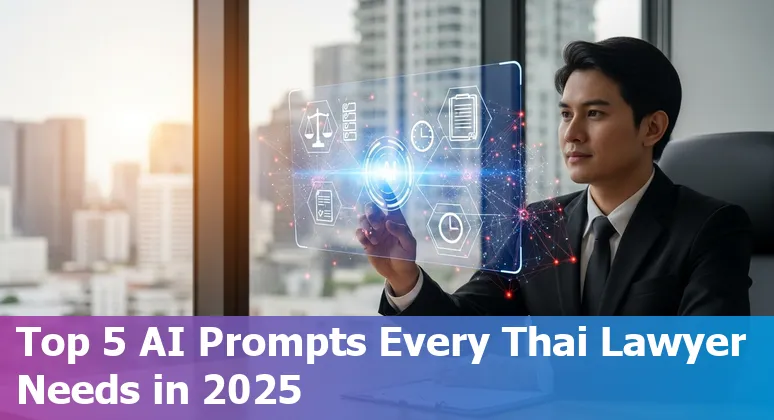 Thai lawyer using AI on a laptop with legal documents and a Thai flag in the background