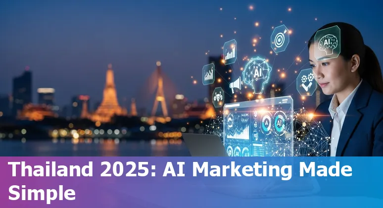 AI marketing illustration with Thai icons and LINE/Facebook logos representing Thailand 2025