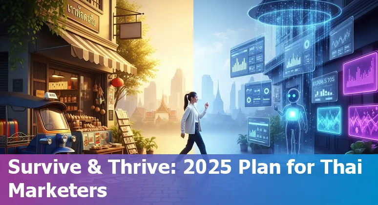 Thai marketers using AI tools with Bangkok skyline — will AI replace marketing jobs in Thailand?