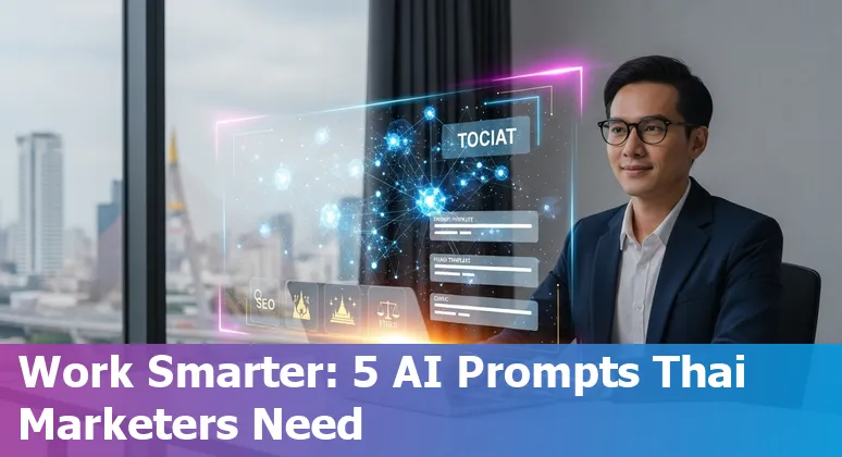 Thai marketing team using AI prompts on a laptop with Bangkok skyline, icons for SEO, social and analytics.