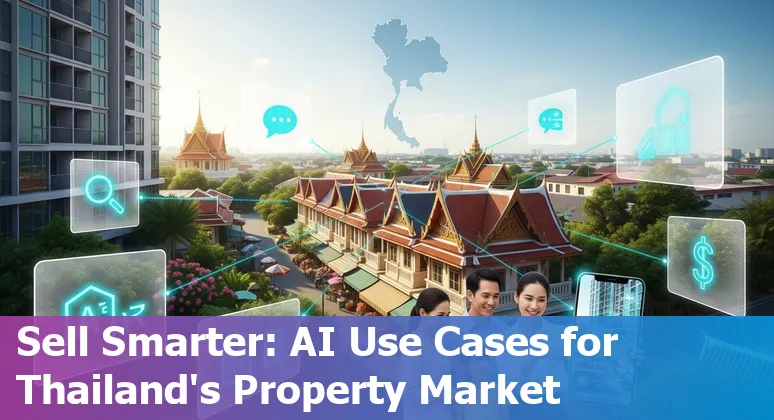Thailand real estate AI concept: Bangkok skyline with BTS icons, condo and villa illustrations and AI network overlay