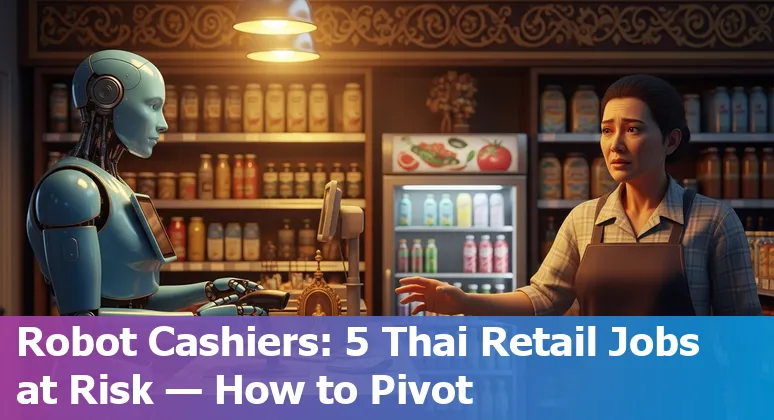 Thai retail worker at a POS terminal with self-checkout kiosks and warehouse robots in the background