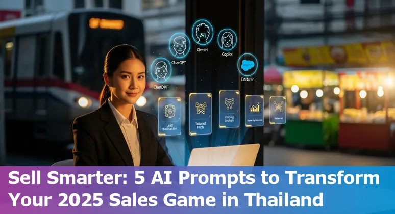 Sales professional in Thailand using AI tools like ChatGPT, Google Gemini, Microsoft Copilot, Claude, and Salesforce Einstein on a laptop