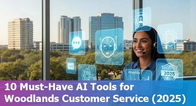 Collage of AI customer service tools logos (ChatGPT Enterprise, Zendesk, Intercom, Ada, Tidio, Zoho Desk, Gorgias, LivePerson, Help Scout, Robylon AI) with The Woodlands map.